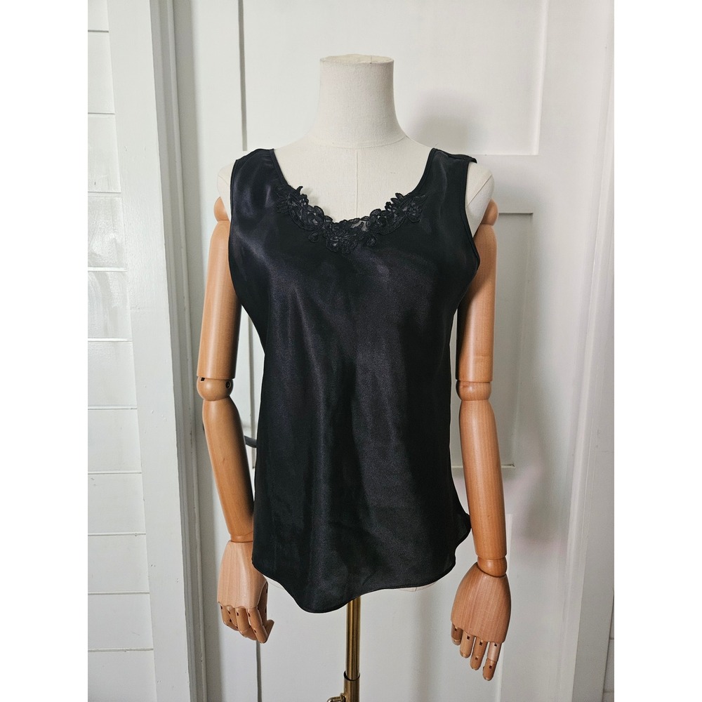 Y2K Black Satin Lace Trim Camisole / Grunge Fairy Silk-Feel Tank S